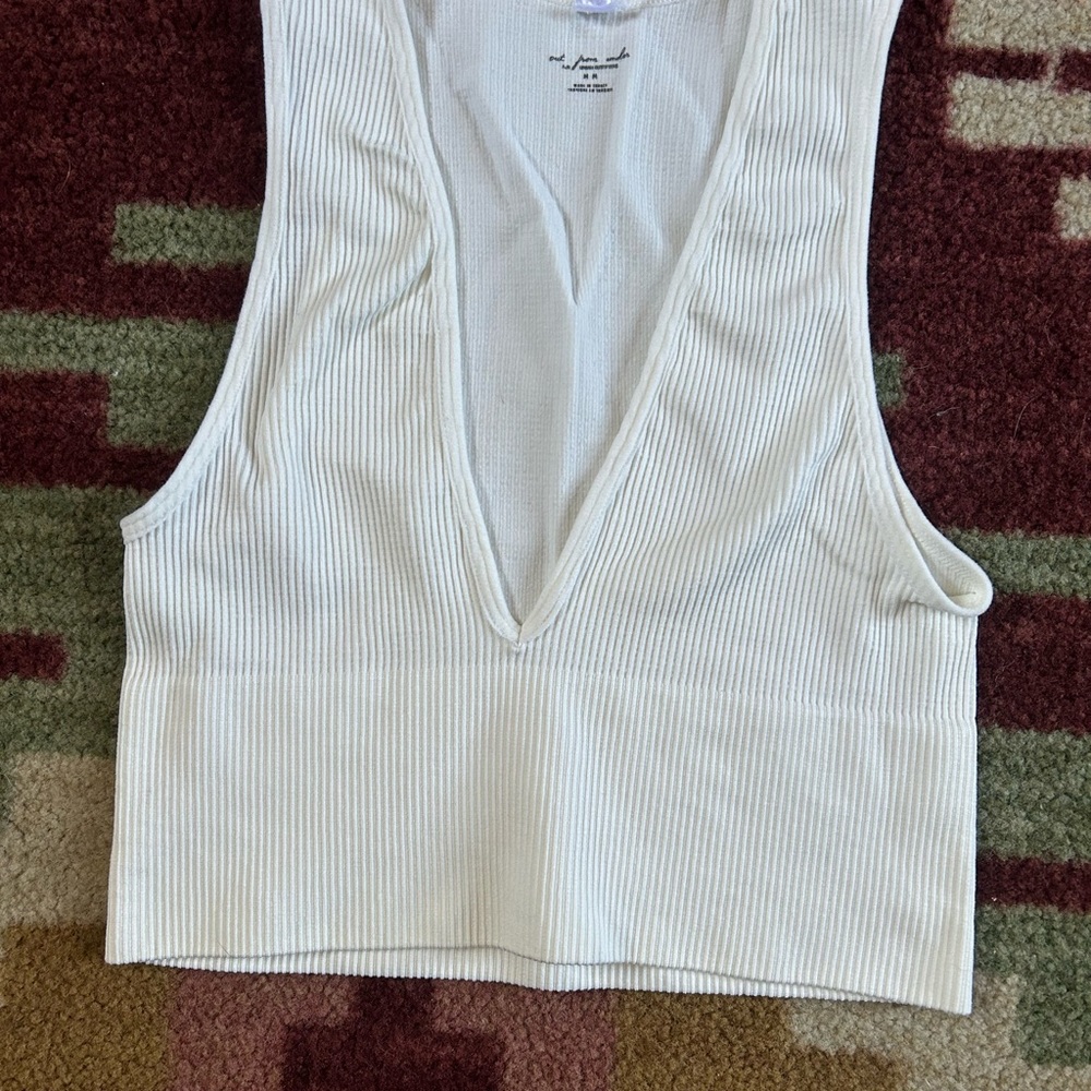 White Ribbed V-Neck Women's Top